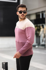 Miron Bej Gül Kurusu Mürdüm Üç Renk Blok Parçalı Sıfır Yaka Üç iplik Regular Fit Sweatshirt- 2436