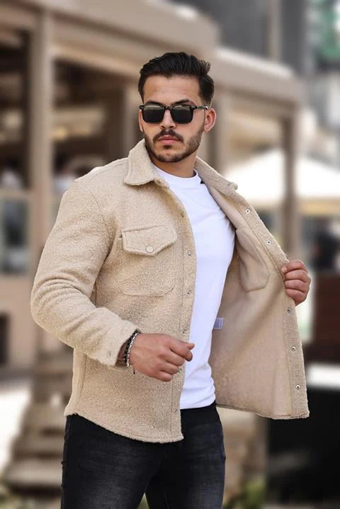 Miron Bej Kıvırcık Dokulu Kumaş Gömlek Yaka Cepli Regular Fit Ceket- 2309