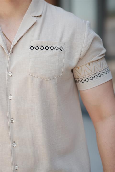 Miron Bej Nakış Detaylı Kısa Kollu Regular Fit Gömlek- 2525