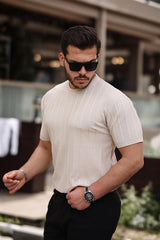 Miron Bej Sıfır Yaka Kabartma Triko Kısa Kollu Tişört- 2430