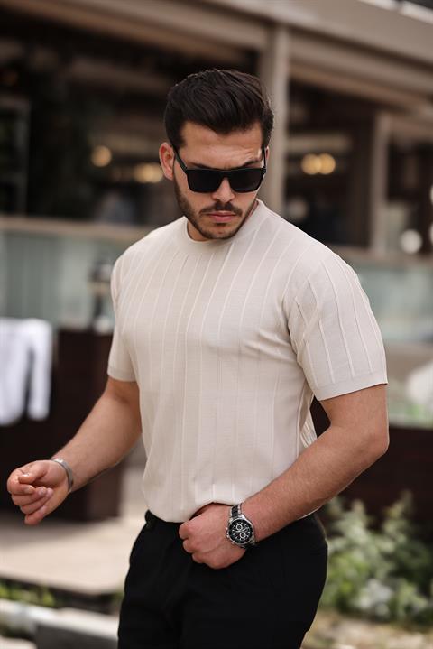 Miron Bej Sıfır Yaka Kabartma Triko Kısa Kollu Tişört- 2430