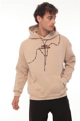 Miron Bej Üç İplik Head Chopper Nakışlı Oversize Kapşonlu Sweatshirt- 2319