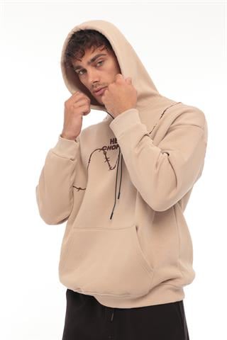 Miron Bej Üç İplik Head Chopper Nakışlı Oversize Kapşonlu Sweatshirt- 2319