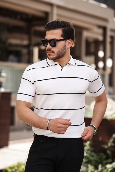 Miron Beyaz Çizgili Triko Polo Yaka Tişört- 2427