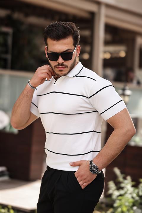 Miron Beyaz Çizgili Triko Polo Yaka Tişört- 2427