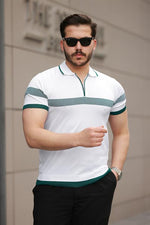 Miron Beyaz Çizgili ve Fermuar Detalı Polo Yaka Triko Kısa Kollu Tişört 2512