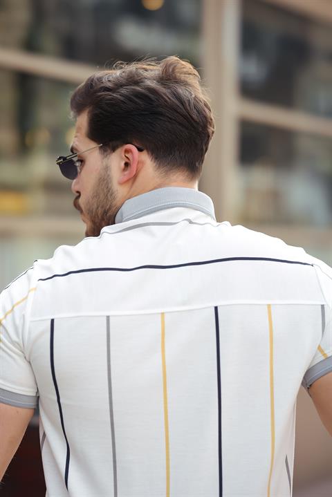 Miron Beyaz Dikey Çizgili Polo Yaka Kısa Kollu Tişört- 2502