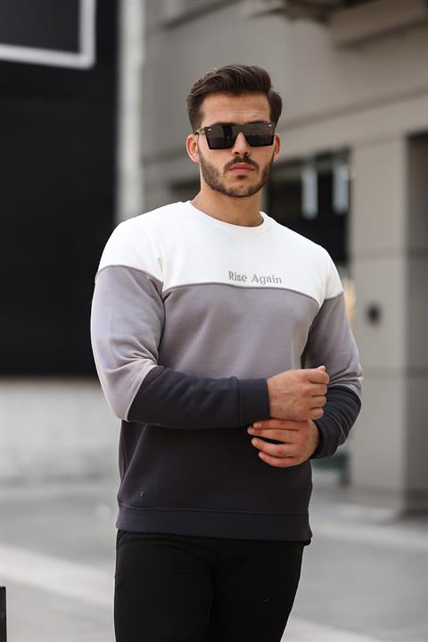 Miron Beyaz Gri Siyah Üç Renk Blok Parçalı Sıfır Yaka Üç iplik Regular Fit Sweatshirt- 2436