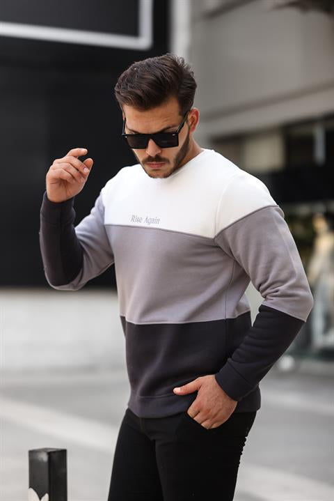 Miron Beyaz Gri Siyah Üç Renk Blok Parçalı Sıfır Yaka Üç iplik Regular Fit Sweatshirt- 2436