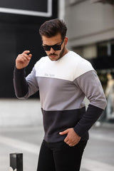 Miron Beyaz Gri Siyah Üç Renk Blok Parçalı Sıfır Yaka Üç iplik Regular Fit Sweatshirt- 2436
