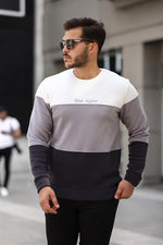 Miron Beyaz Gri Siyah Üç Renk Blok Parçalı Sıfır Yaka Üç iplik Regular Fit Sweatshirt- 2436