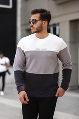 Miron Beyaz Gri Siyah Üç Renk Blok Parçalı Sıfır Yaka Üç iplik Regular Fit Sweatshirt- 2436