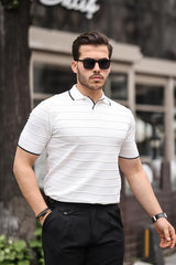 Miron Beyaz Kabartma Çizgi Polo Yaka Triko Tişört - 2403
