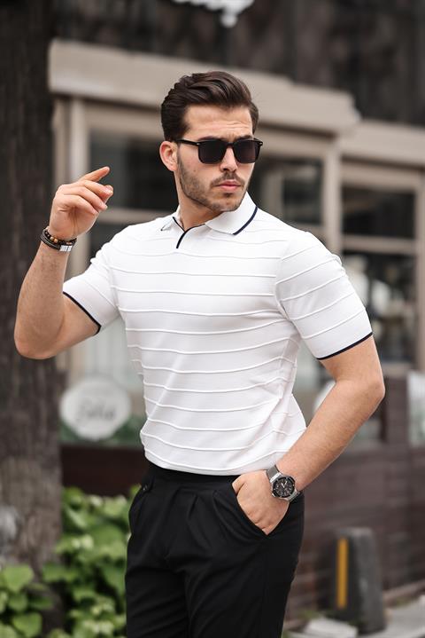 Miron Beyaz Kabartma Çizgi Polo Yaka Triko Tişört - 2403
