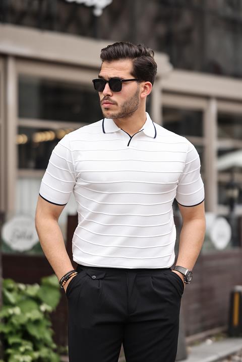 Miron Beyaz Kabartma Çizgi Polo Yaka Triko Tişört - 2403