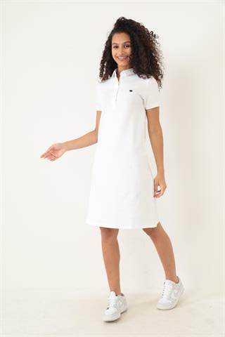 Miron Beyaz Kadın Polo Yaka Kısa Kollu Örme Elbise -2431