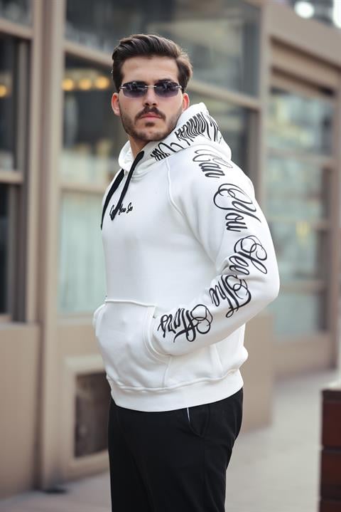 Miron Beyaz Kol ve Kapüşon Baskı Detaylı Regular Fit Sweatshirt- 2460
