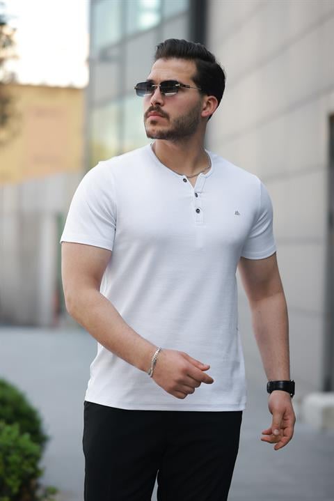 Miron Beyaz Önü Düğmeli Sıfır Yaka Kısa Kollu Regular Fit Tişört- 2510
