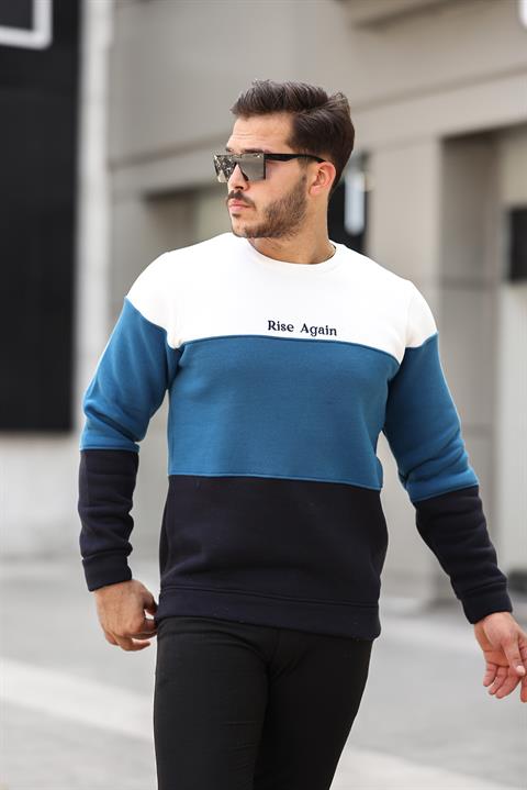 Miron Beyaz Petrol Lacivert Üç Renk Blok Parçalı Sıfır Yaka Üç iplik Regular Fit Sweatshirt- 2436