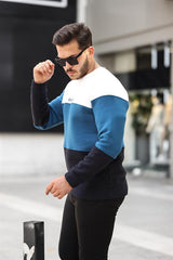 Miron Beyaz Petrol Lacivert Üç Renk Blok Parçalı Sıfır Yaka Üç iplik Regular Fit Sweatshirt- 2436