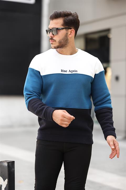 Miron Beyaz Petrol Lacivert Üç Renk Blok Parçalı Sıfır Yaka Üç iplik Regular Fit Sweatshirt- 2436