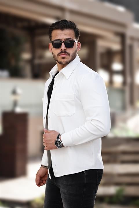 Miron Beyaz Pike Dokulu Kumaş Gömlek Yaka Cepli Regular Fit Ceket- 2314