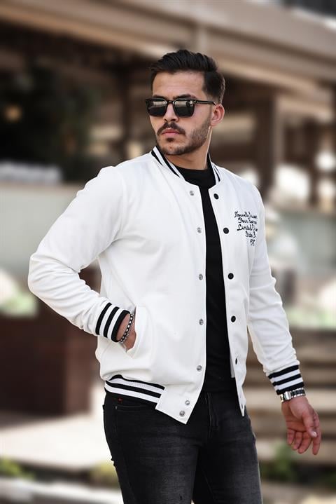Miron Beyaz Pike Dokulu Nakış Detaylı Regular Fit Kolej Ceket- 2310