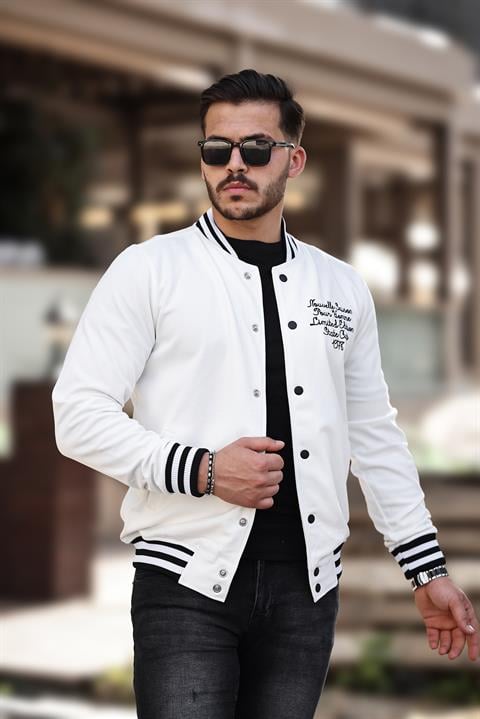 Miron Beyaz Pike Dokulu Nakış Detaylı Regular Fit Kolej Ceket- 2310