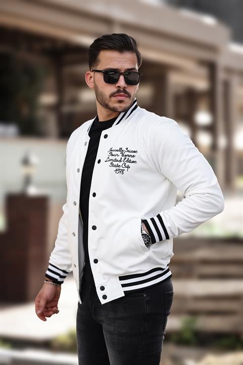 Miron Beyaz Pike Dokulu Nakış Detaylı Regular Fit Kolej Ceket- 2310