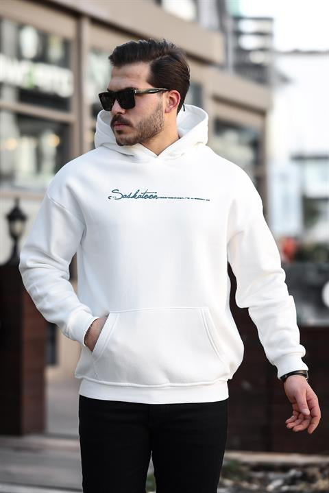 Miron Beyaz Sırt Şeritli Kapüşonlu Üç İplik Oversize Sweatshirt-2437