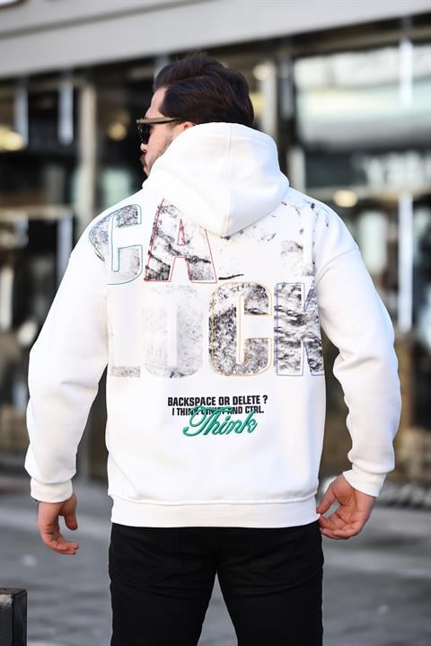 Miron Beyaz Sırtı Baskılı Kapüşonlu Üç İplik Oversize Sweatshirt- 2441