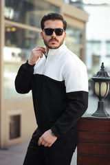 Miron Beyaz Siyah  İki Renk Fermuarlı Üç İplik Oversize Sweatshirt -2457