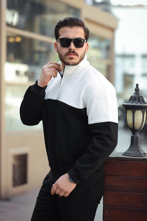 Miron Beyaz Siyah  İki Renk Fermuarlı Üç İplik Oversize Sweatshirt -2457