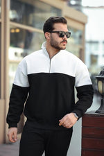 Miron Beyaz Siyah  İki Renk Fermuarlı Üç İplik Oversize Sweatshirt -2457