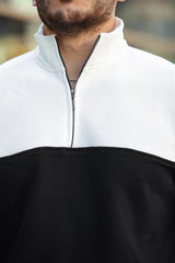 Miron Beyaz Siyah  İki Renk Fermuarlı Üç İplik Oversize Sweatshirt -2457