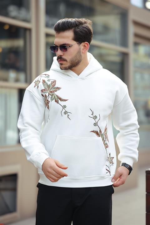 Miron Beyaz Yaprak Nakışlı Üç İplik Oversize Sweatshirt- 2458