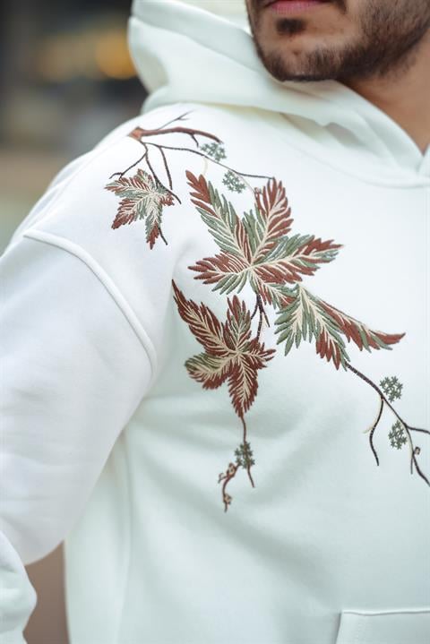 Miron Beyaz Yaprak Nakışlı Üç İplik Oversize Sweatshirt- 2458