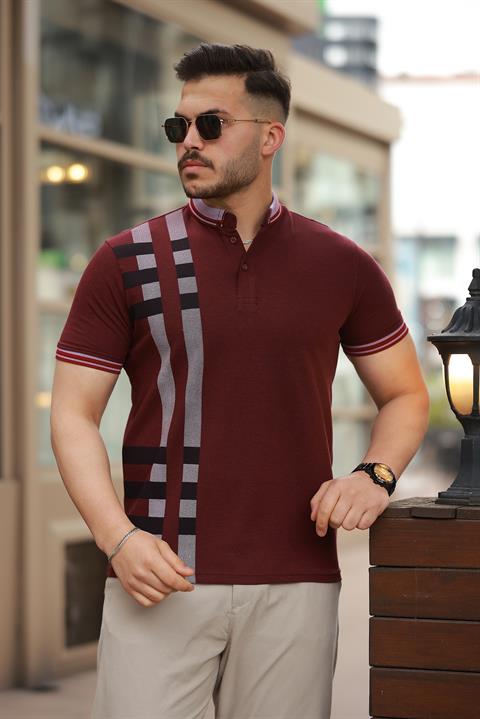 Miron Bordo Baskı Detaylı Polo Yaka Kısa Kollu Tişört -2519