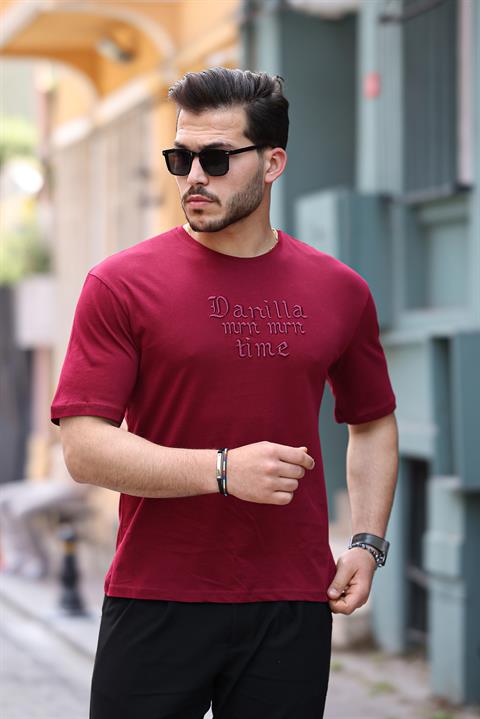 Miron Bordo Ön Arka Nakışlı Oversize Kısa Kollu Tişört- 2422
