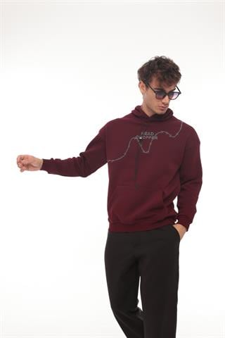 Miron Bordo Üç İplik Head Chopper Nakışlı Oversize Kapşonlu Sweatshirt- 2319