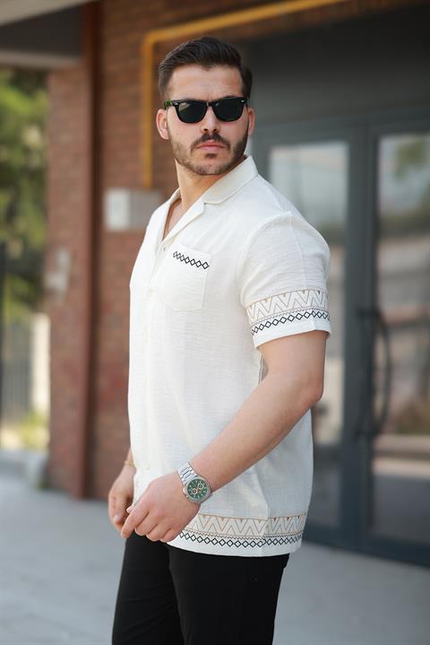 Miron Ekru Nakış Detaylı Kısa Kollu Regular Fit Gömlek- 2525