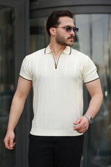 Miron Ekru Petek Dokulu Fermuarlı Polo Yaka Triko Kısa Kollu Tişört 2511