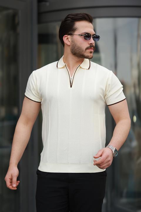 Miron Ekru Petek Dokulu Fermuarlı Polo Yaka Triko Kısa Kollu Tişört 2511