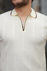 Miron Ekru Petek Dokulu Fermuarlı Polo Yaka Triko Kısa Kollu Tişört 2511