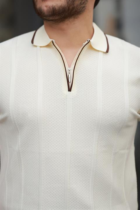 Miron Ekru Petek Dokulu Fermuarlı Polo Yaka Triko Kısa Kollu Tişört 2511