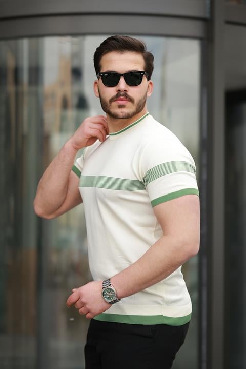 Miron Ekru Sıfır Yaka Çizgili Triko Tişört- 2418