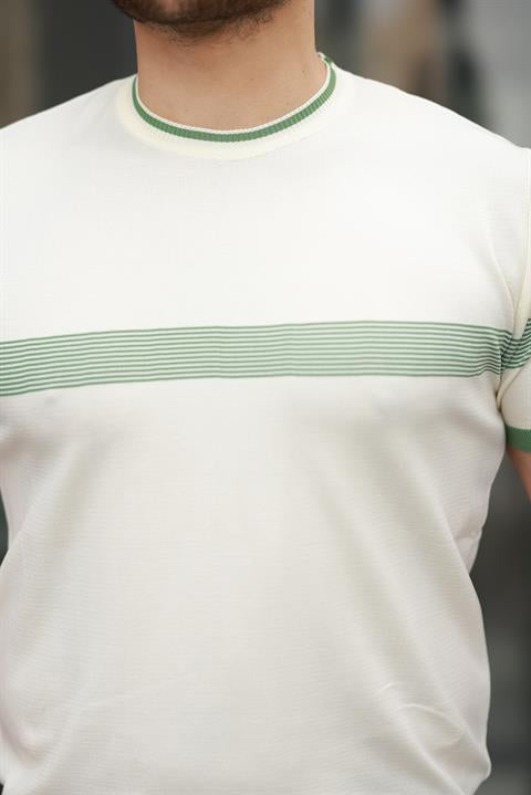 Miron Ekru Sıfır Yaka Çizgili Triko Tişört- 2418