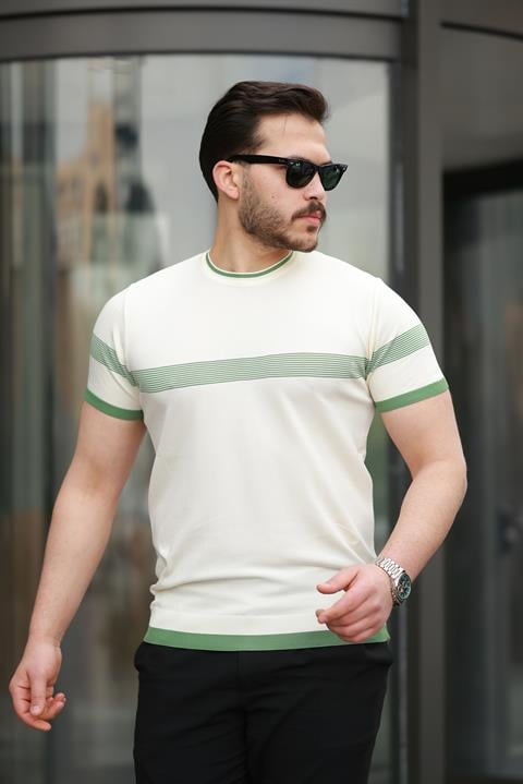 Miron Ekru Sıfır Yaka Çizgili Triko Tişört- 2418