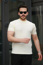 Miron Ekru Sıfır Yaka Kabartma Triko Kısa Kollu Tişört- 2430