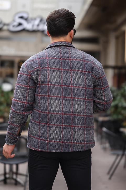 Miron Füme Bordo Kareli Kapitone Detaylı Regular Fit Ceket-2453